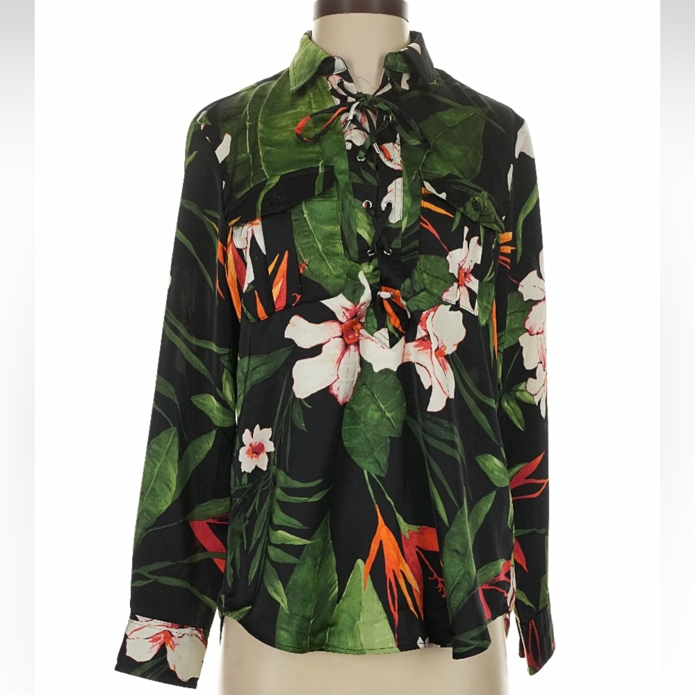 NEW Lauren by Ralph Lauren Floral Tie-Neck Long Sleeve Blouse - Black/Green